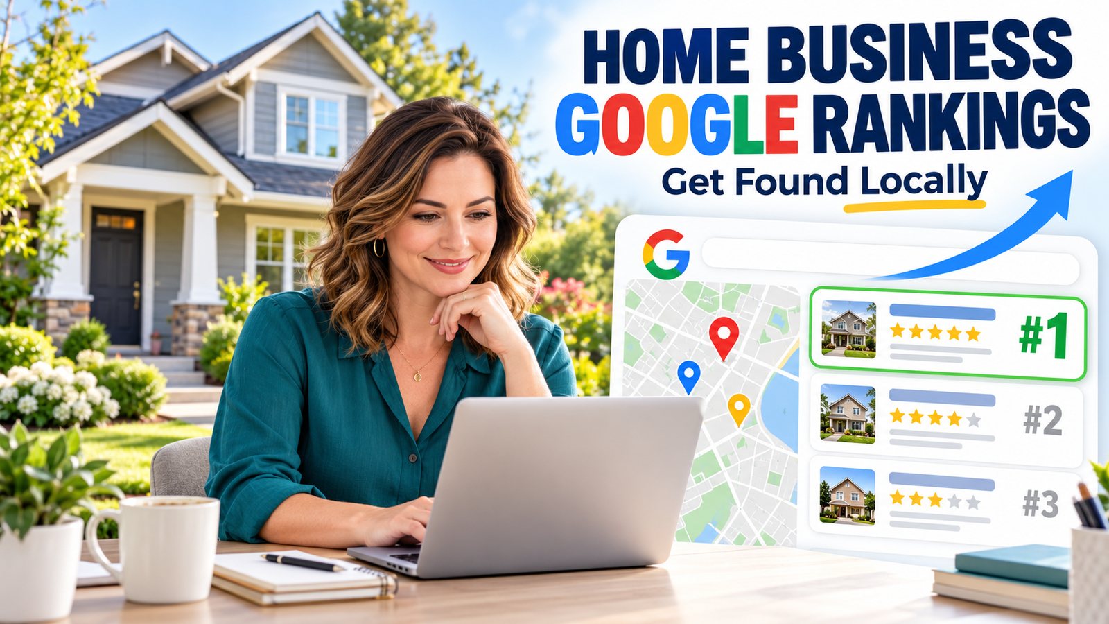 A woman working on a laptop at an outdoor table in front of a house, beside a mock Google map with local business listings ranked first, second and third. Headline: Home business Google rankings, get found locally.